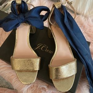JCrew gold ankle strap heels with scarf tie size 8